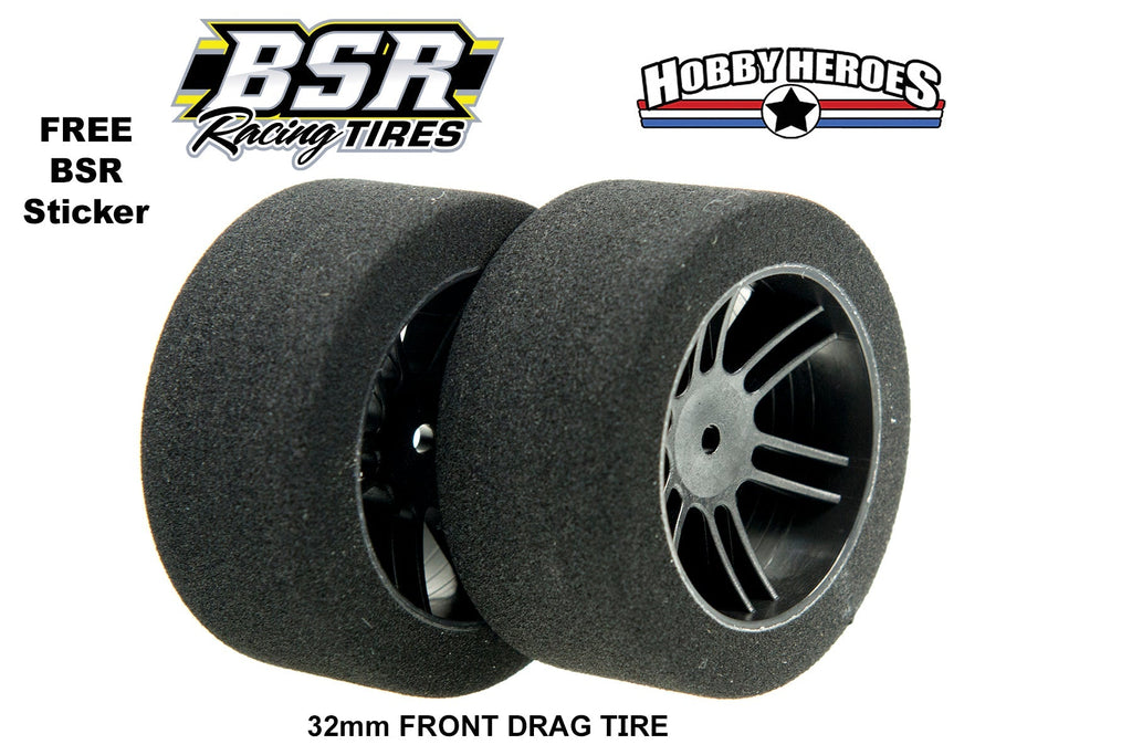 BSR Racing Drag Foam Tires (Black) (2) (26mm Wide) (45 Shore) w/12mm Hex w/Free Stickers