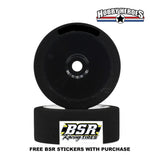 A pair of 1/8 scale buggy racing tires with black dishes and orange foam, marked with BSR Racing branding, intended for use in RC vehicles.