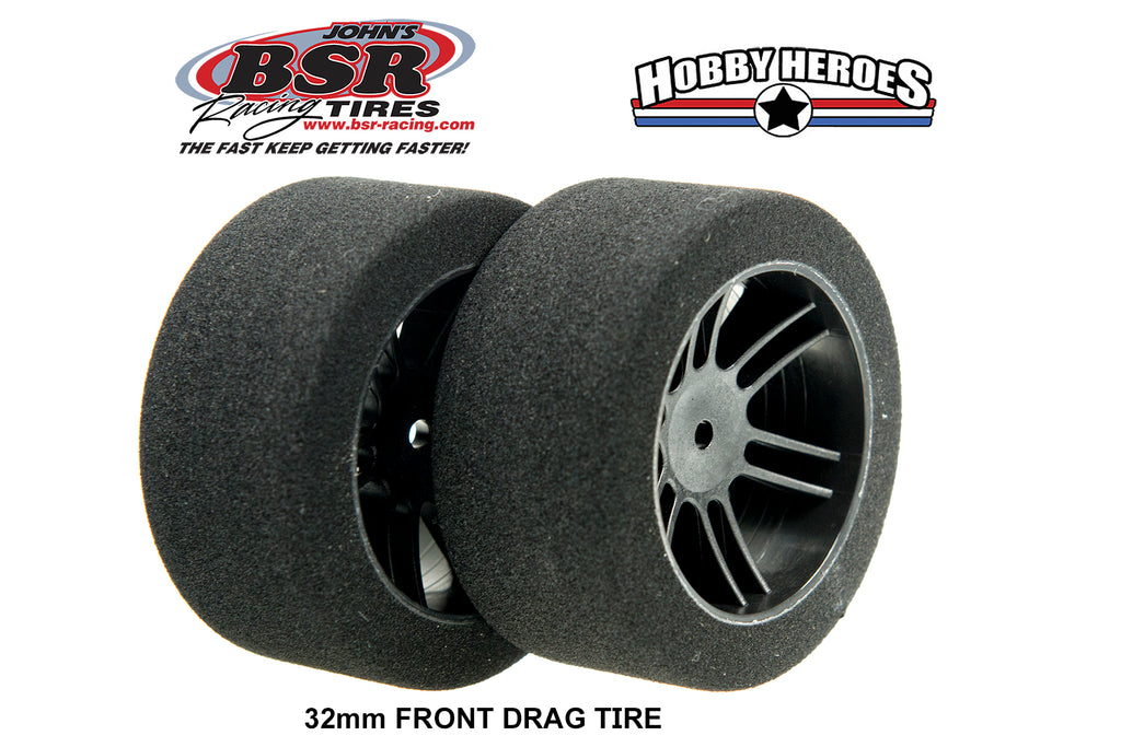 BSR Racing BSRF3232-D 1/10 Drag 32 Shore Foam Tires 32mm Black Rim (2)