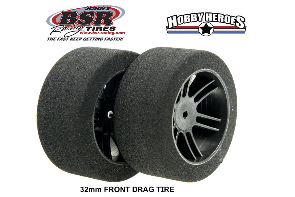 BSR Racing BSRF3238-D 1/10 Drag 38 Shore Foam Tires 32mm Black Rim (2)