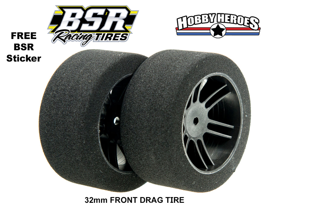 BSR Racing BSRF3235-D 1/10 Drag 35 Shore Foam Tires 32mm Black Rim (2)
