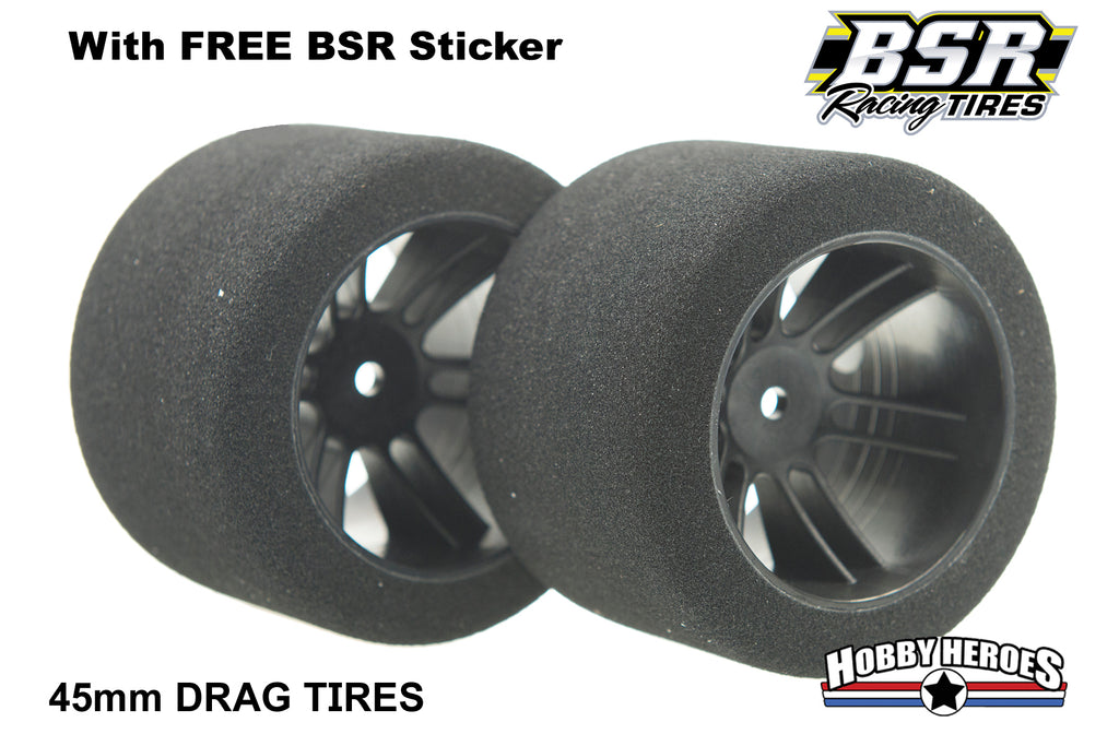 BSR Racing BSRF4530-D 1/10 Drag 30 Shore Foam Tires 45mm Black Rim (2)