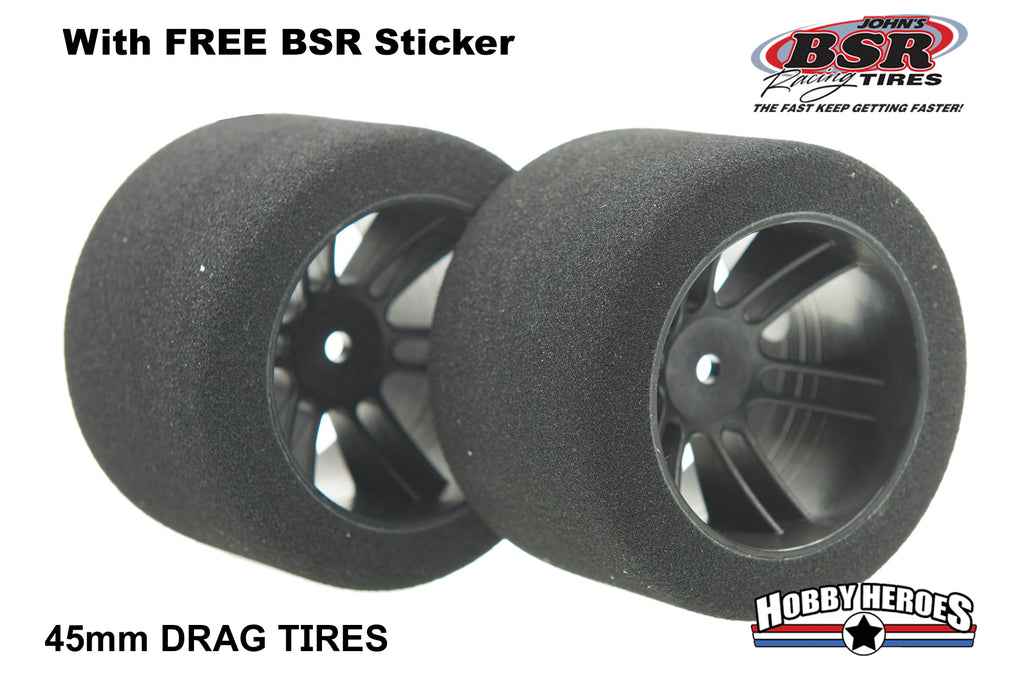 BSR Racing BSRF4538-D 1/10 Drag 38 Shore Foam Tires 45mm Black Rim (2)