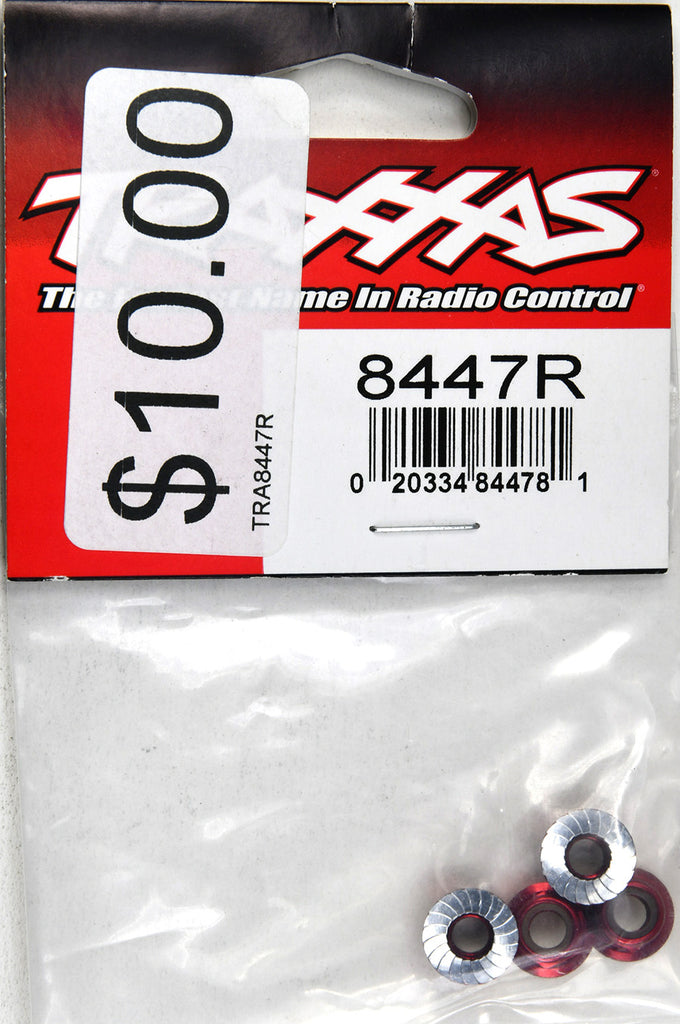 Traxxas Nuts, 5mm Flanged Nylon Locking (Aluminum, Red-Anodized, Serrated) (4) TRA8447R
